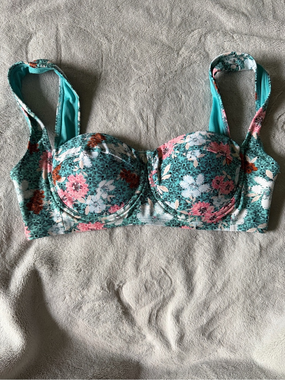 Floral Underwire Bathing Suit Top - Teal Green Pink -